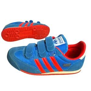 Adidas Dragon Sneakers Kids Size 2 Blue Red White Hook Loop Closure Shoes Retro